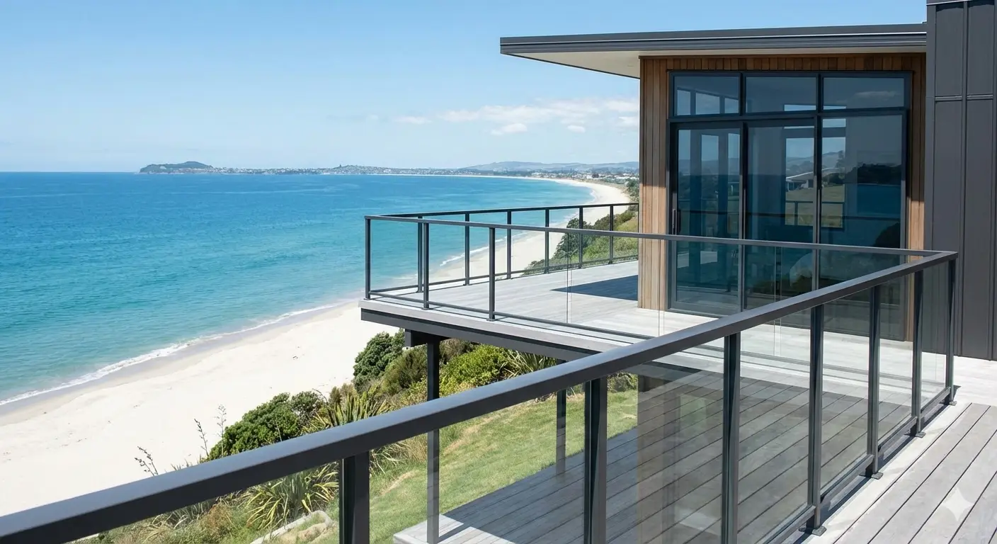 Coastal Bay of Plenty property with a glass barrier overlooking the beach near Mount Maunganui