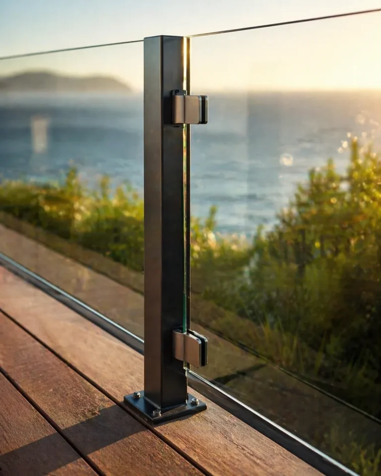 Close-up detail of stainless steel balustrade fittings on a timber deck terrace